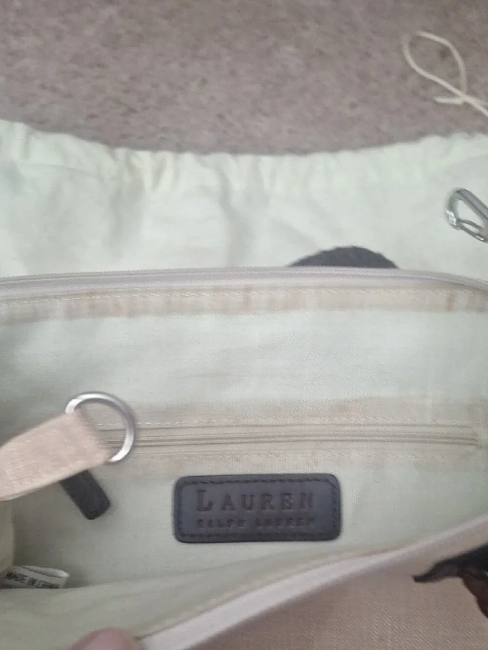 LAUREN - Ralph Lauren Beige Linen Purse with Brown Leather Braided Handles